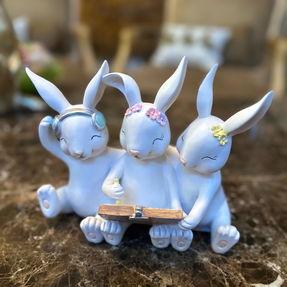 Cute three Easter bunnies friends reading book table decor. - Picture 1 of 4